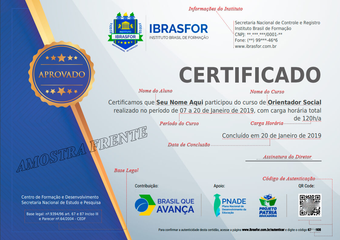 Modelo do certificado de cursos do Instituto Brasil de Formação